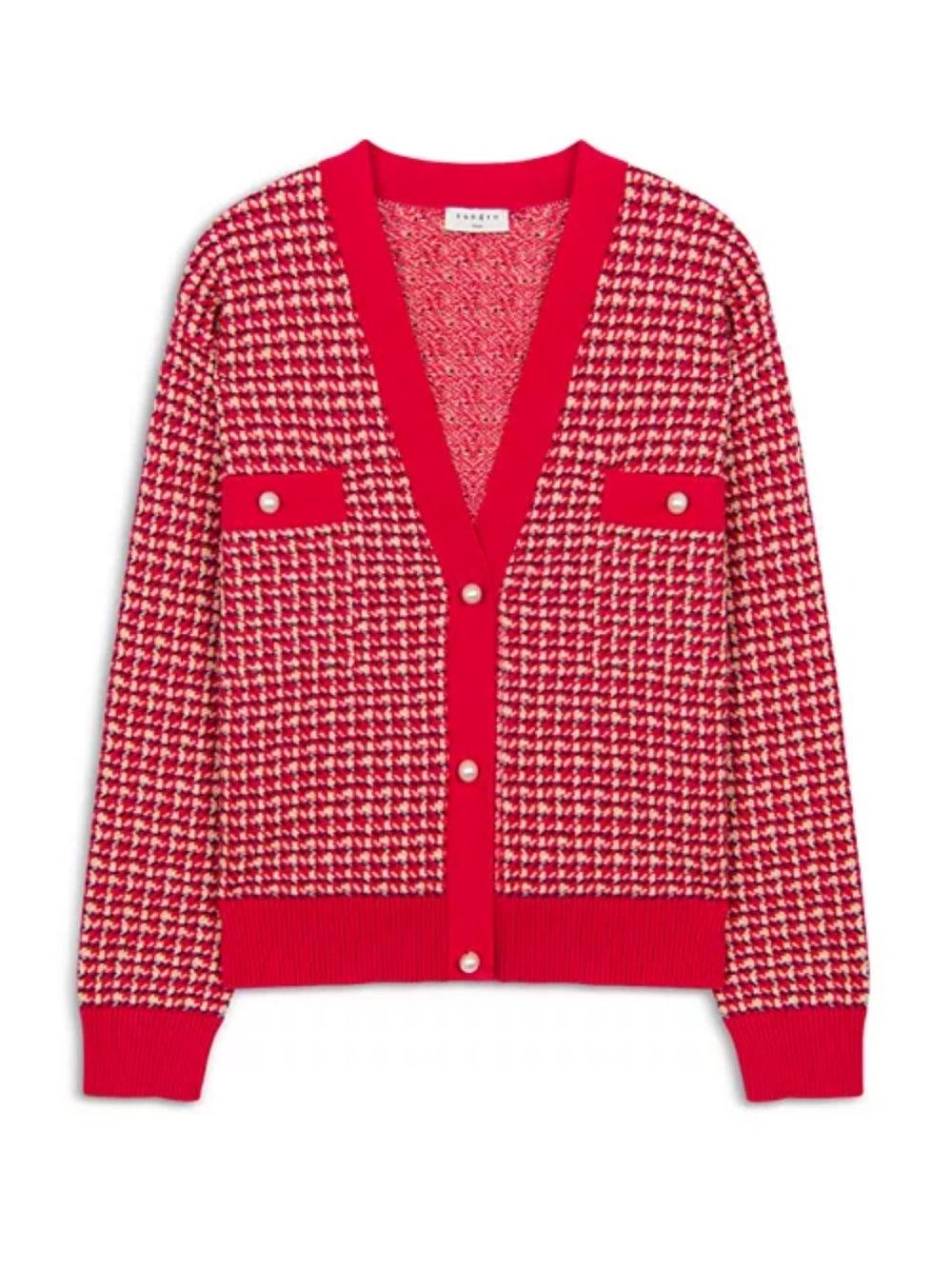 Sandro red Houndstooth Knit Cardigan Sweater - Classic V-Neck